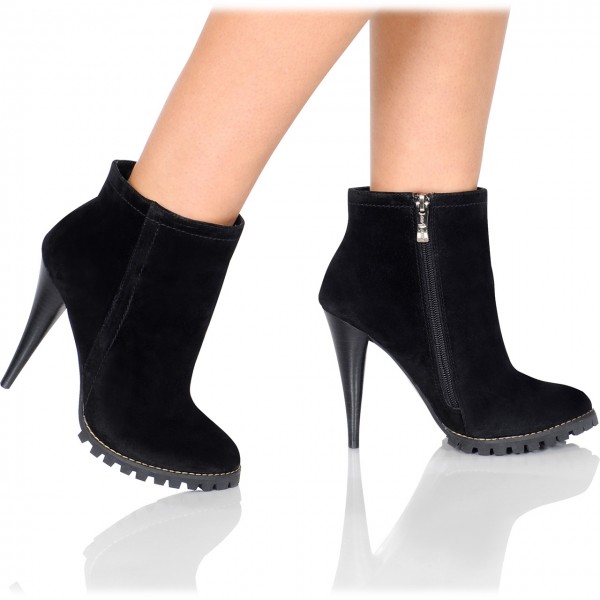 Schwarze High Heel Ankle Boots Stiefeletten aus Leder und Velours