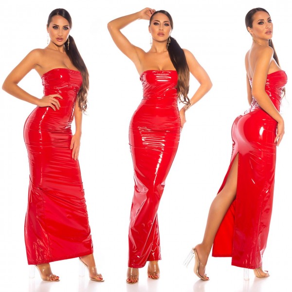 Sexy Bandeau Wetlook Maxikleid mit Schlitzöffnung
